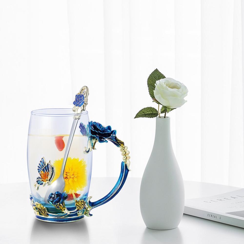 Emaille Rose Glas Teetassen Set (Mit Löffel)