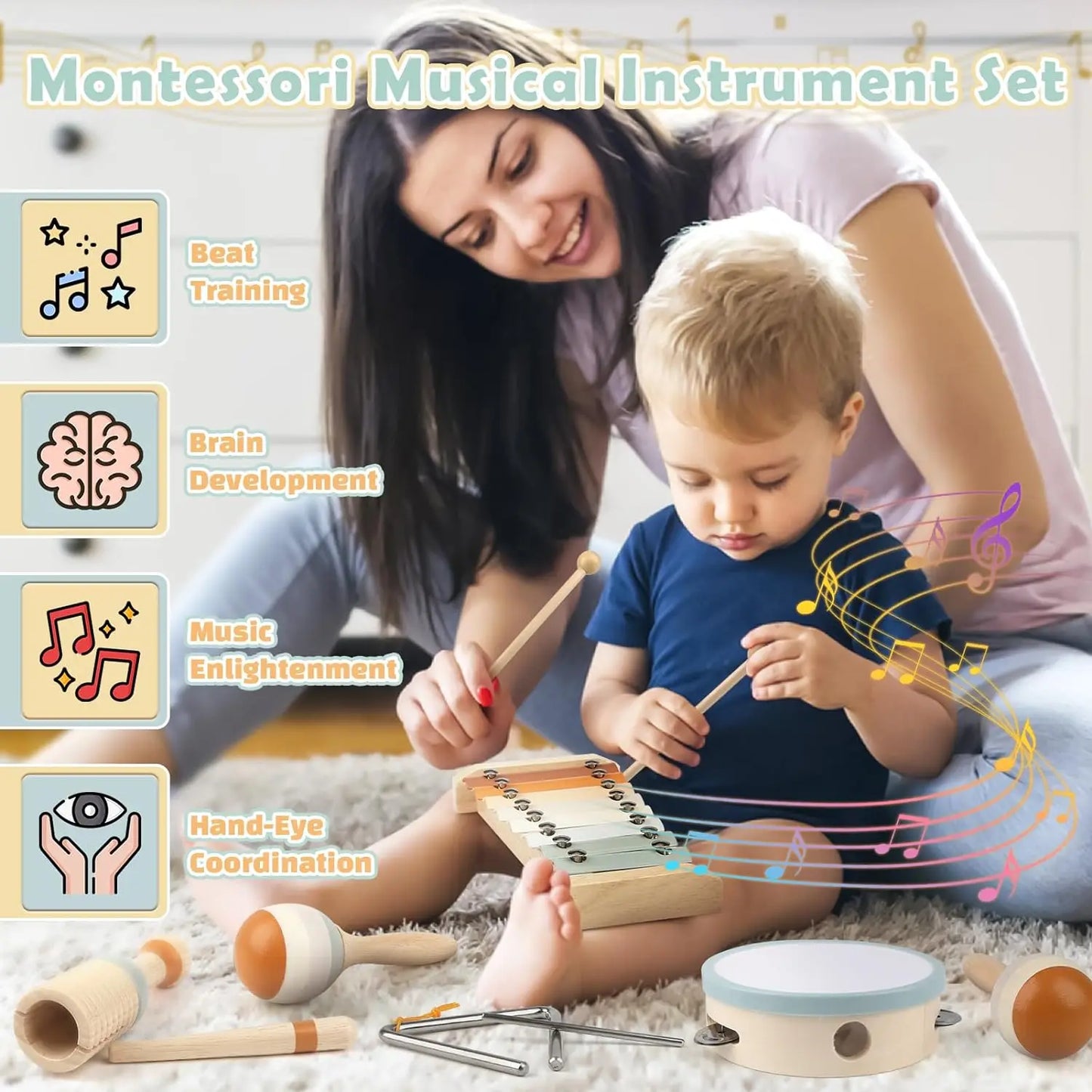Holz Montessori Musikinstrumenten Set für Kleinkinder - Professionell gestimmtes Xylophon, Maracas und mehr - Bildungs Geschenk für Vorschulkinder