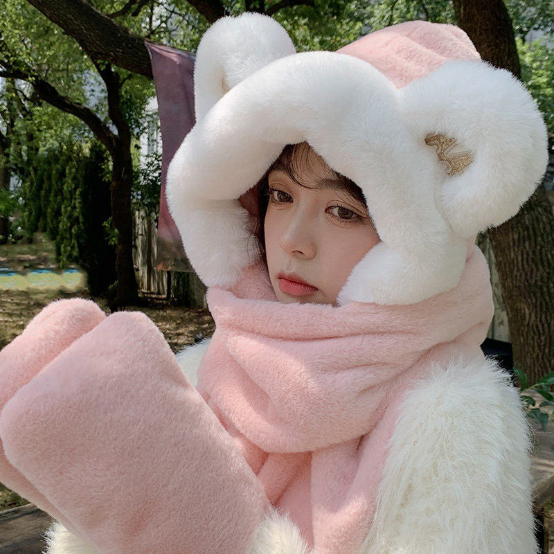 Sandsberg | 3-in-1 Cure Plüsch Bärenohren Wintermütze mit Schal & Handschuhen