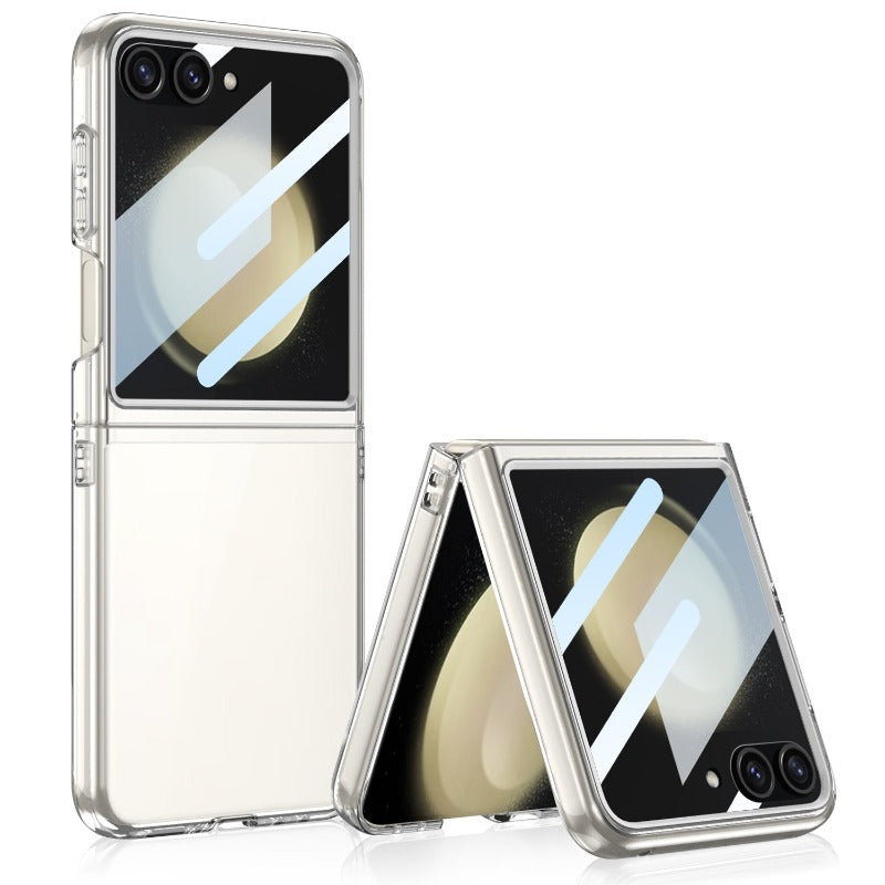 Großes Fenster, faltbares, schlankes, transparentes Telefongehäuse mit gehärteter Glasfolie für Samsung Galaxy Z Flip 5