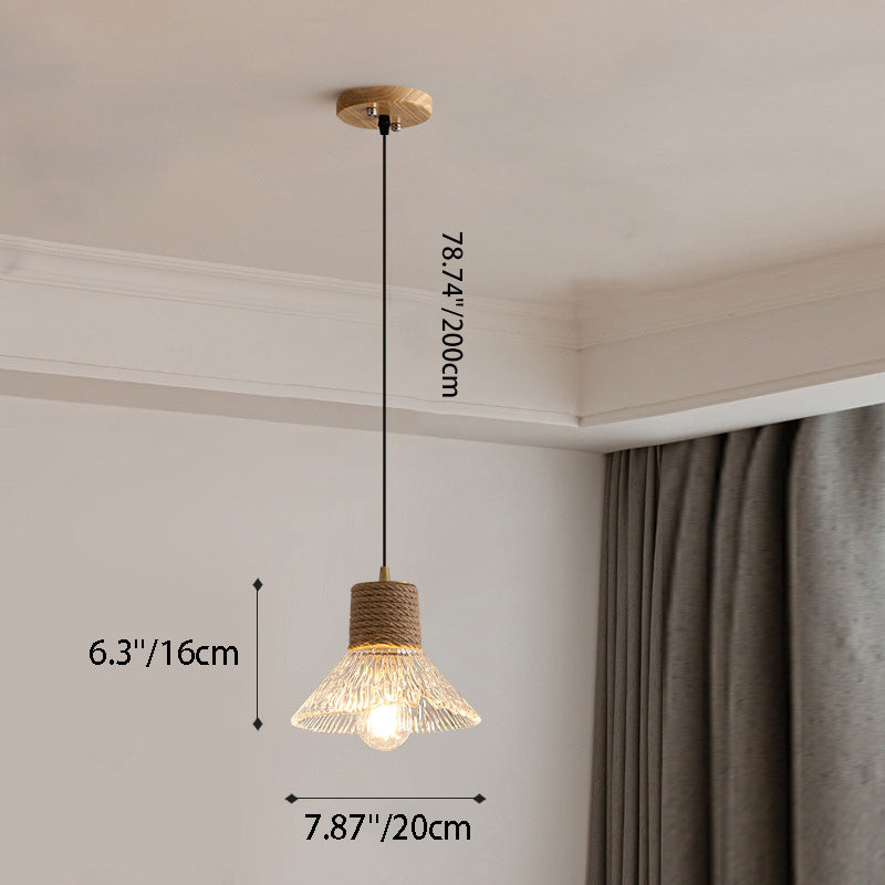 Nordic Hanfseil Holz Glas konische 1-Licht Pendelleuchte für das Wohnzimmer