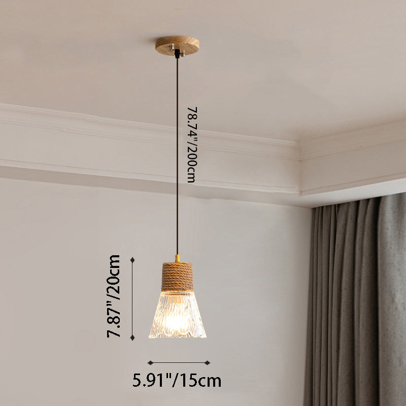 Nordic Hanfseil Holz Glas konische 1-Licht Pendelleuchte für das Wohnzimmer