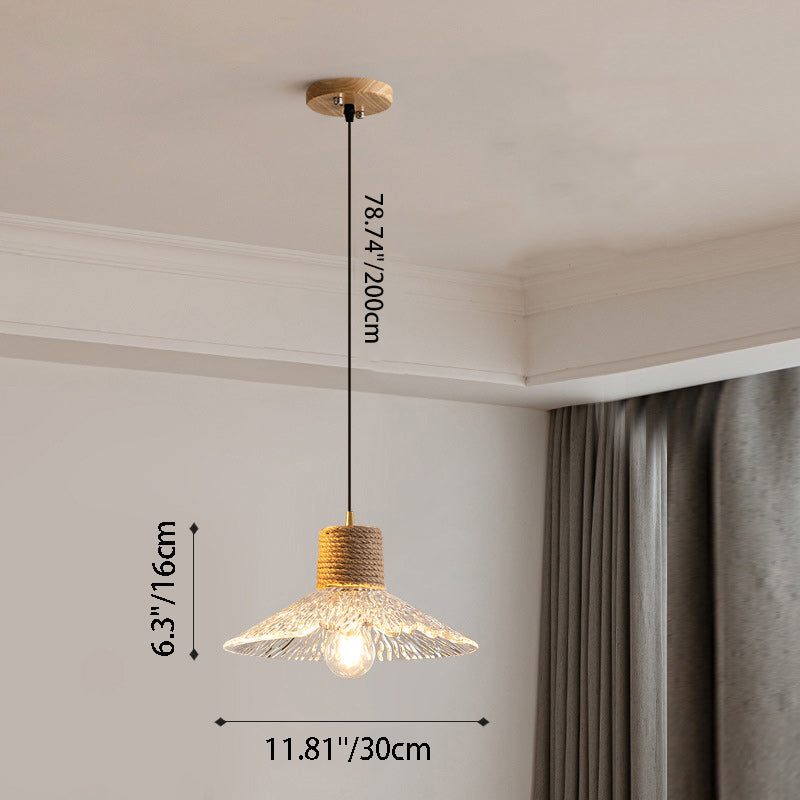 Nordic Hanfseil Holz Glas konische 1-Licht Pendelleuchte für das Wohnzimmer