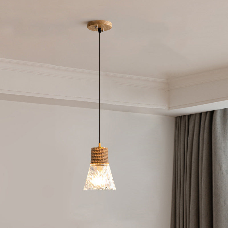 Nordic Hanfseil Holz Glas konische 1-Licht Pendelleuchte für das Wohnzimmer