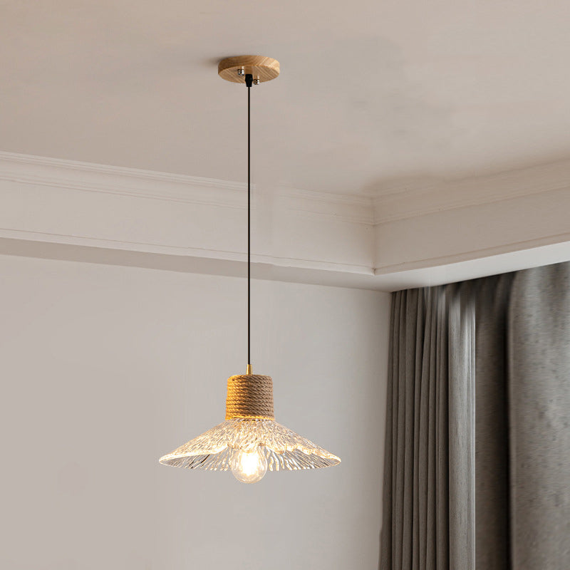 Nordic Hanfseil Holz Glas konische 1-Licht Pendelleuchte für das Wohnzimmer
