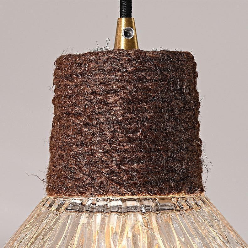 Nordic Hanfseil Holz Glas konische 1-Licht Pendelleuchte für das Wohnzimmer