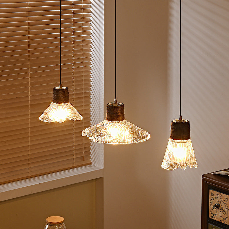Nordic Hanfseil Holz Glas konische 1-Licht Pendelleuchte für das Wohnzimmer
