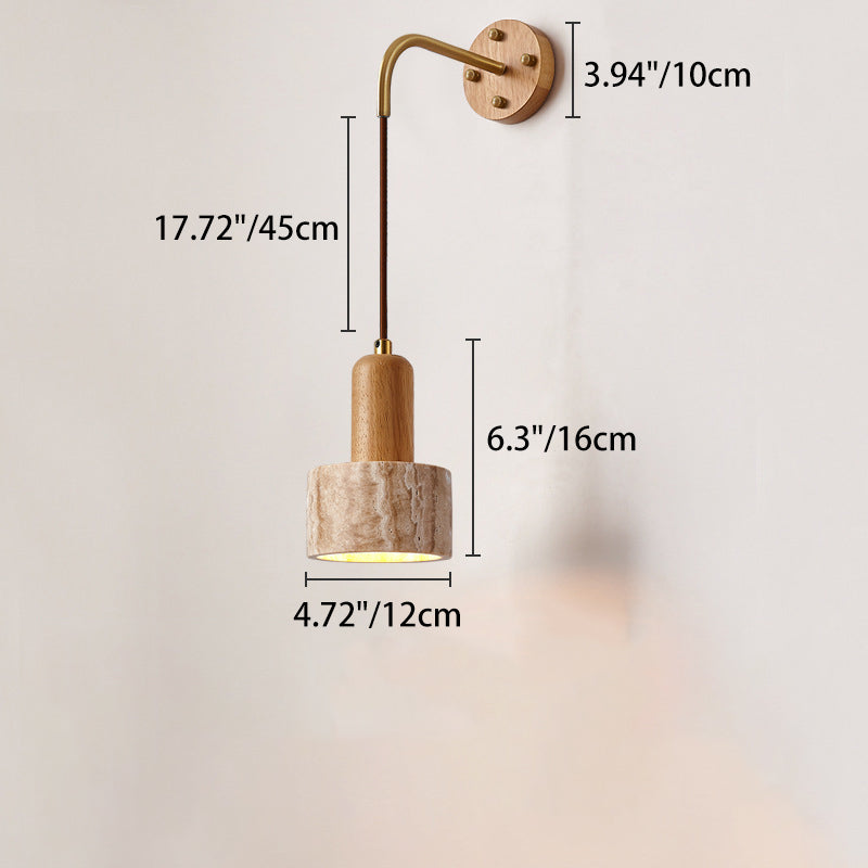 Traditionelle japanische Travertin Holz Zylinder konische Schale Zugschalter 1-Licht Wand Sconce Lampe für Nachttisch