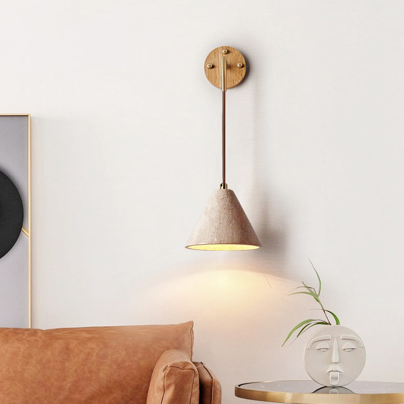 Traditionelle japanische Travertin Holz Zylinder konische Schale Zugschalter 1-Licht Wand Sconce Lampe für Nachttisch
