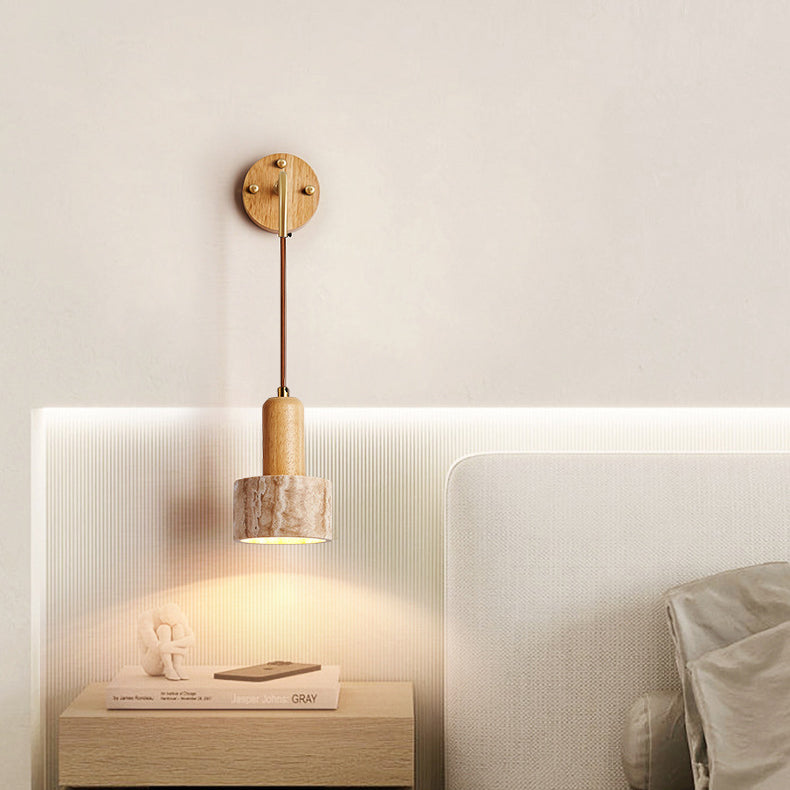 Traditionelle japanische Travertin Holz Zylinder konische Schale Zugschalter 1-Licht Wand Sconce Lampe für Nachttisch