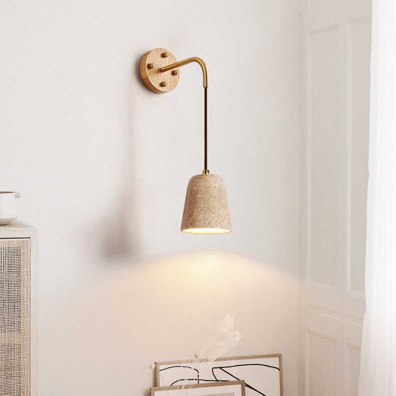 Traditionelle japanische Travertin Holz Zylinder konische Schale Zugschalter 1-Licht Wand Sconce Lampe für Nachttisch
