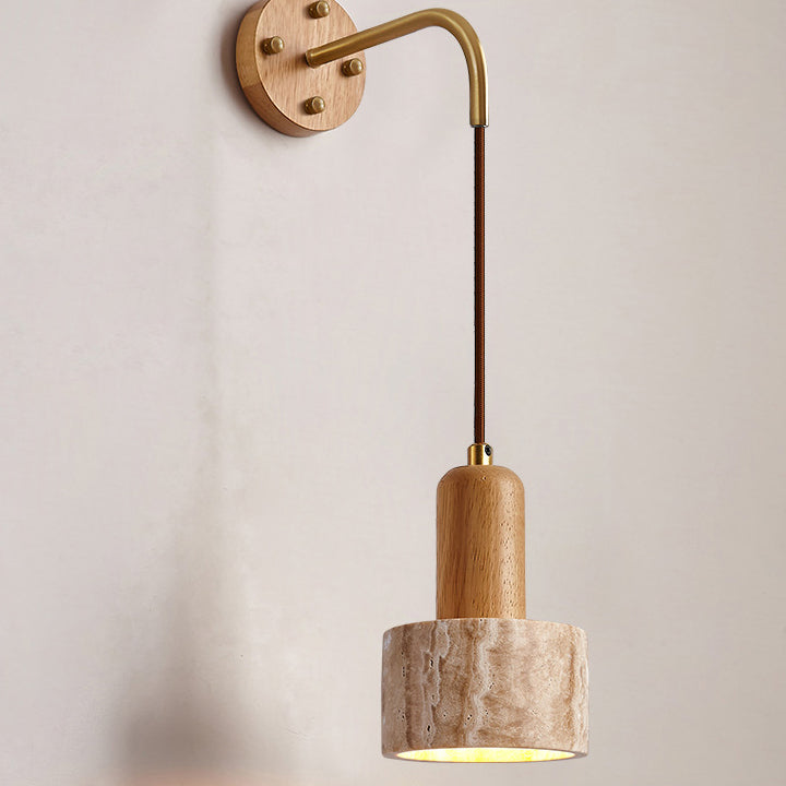 Traditionelle japanische Travertin Holz Zylinder konische Schale Zugschalter 1-Licht Wand Sconce Lampe für Nachttisch