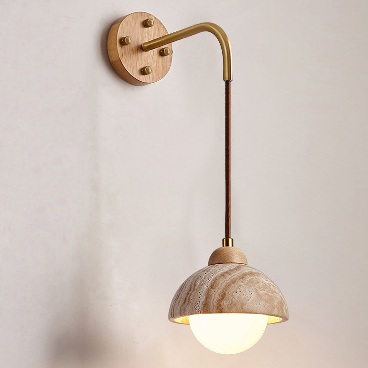Traditionelle japanische Travertin Holz Zylinder konische Schale Zugschalter 1-Licht Wand Sconce Lampe für Nachttisch