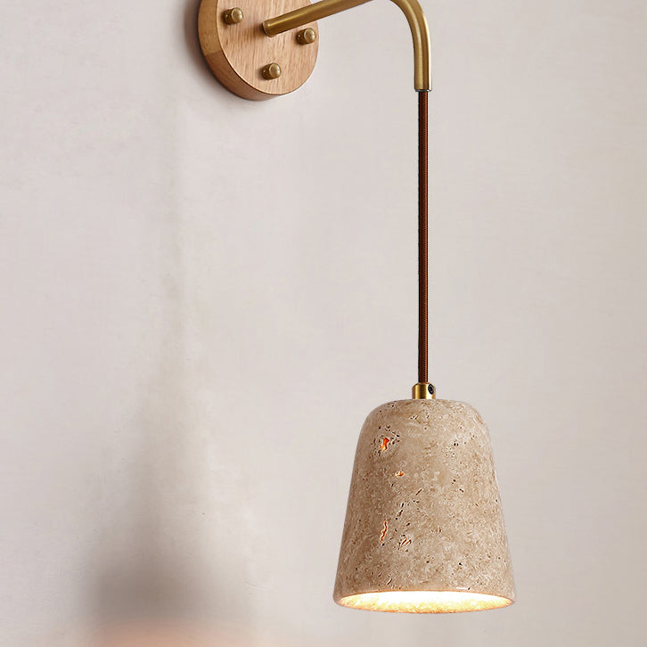 Traditionelle japanische Travertin Holz Zylinder konische Schale Zugschalter 1-Licht Wand Sconce Lampe für Nachttisch
