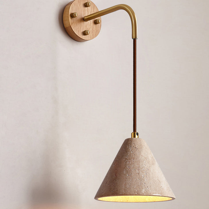 Traditionelle japanische Travertin Holz Zylinder konische Schale Zugschalter 1-Licht Wand Sconce Lampe für Nachttisch