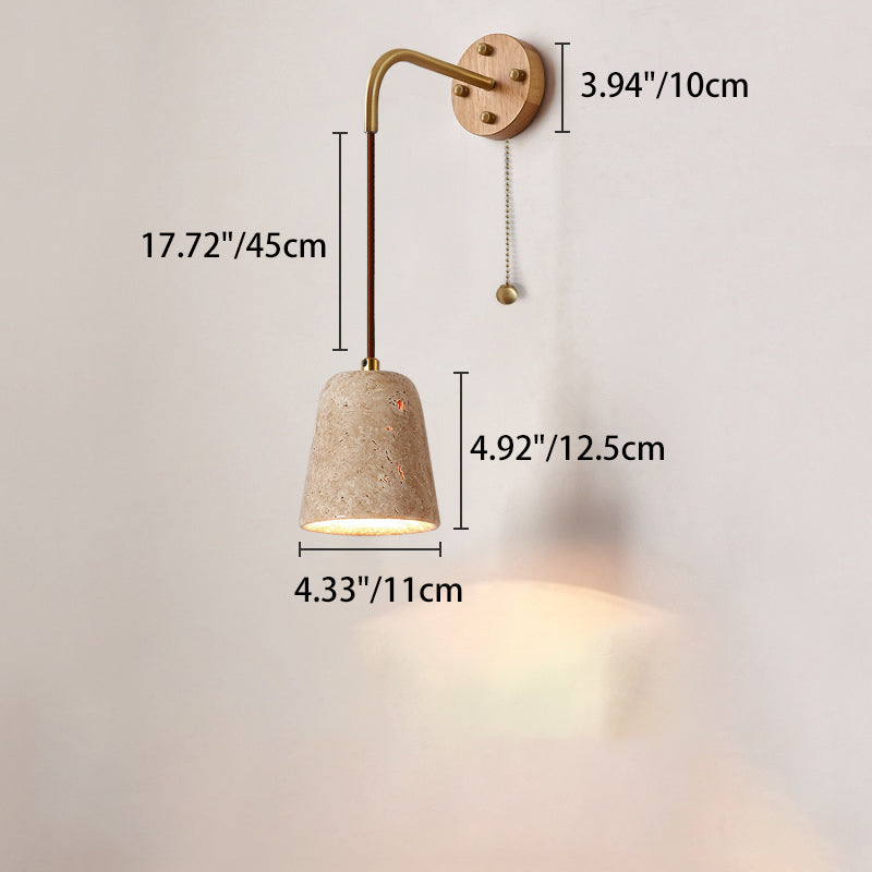 Traditionelle japanische Travertin Holz Zylinder konische Schale Zugschalter 1-Licht Wand Sconce Lampe für Nachttisch