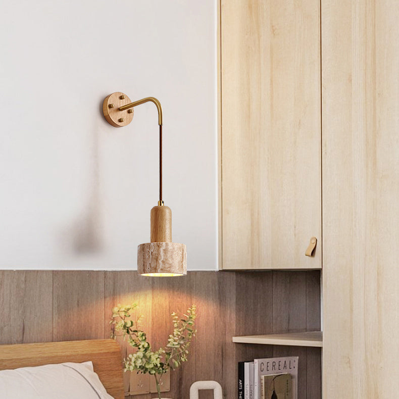 Traditionelle japanische Travertin Holz Zylinder konische Schale Zugschalter 1-Licht Wand Sconce Lampe für Nachttisch