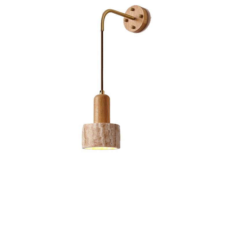 Traditionelle japanische Travertin Holz Zylinder konische Schale Zugschalter 1-Licht Wand Sconce Lampe für Nachttisch