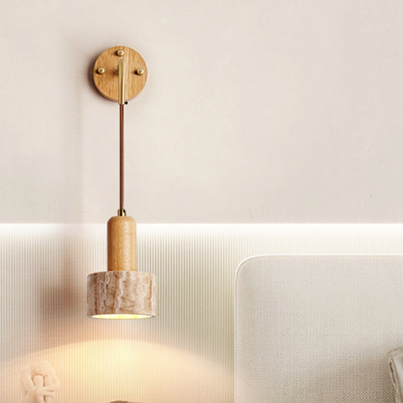 Traditionelle japanische Travertin Holz Zylinder konische Schale Zugschalter 1-Licht Wand Sconce Lampe für Nachttisch
