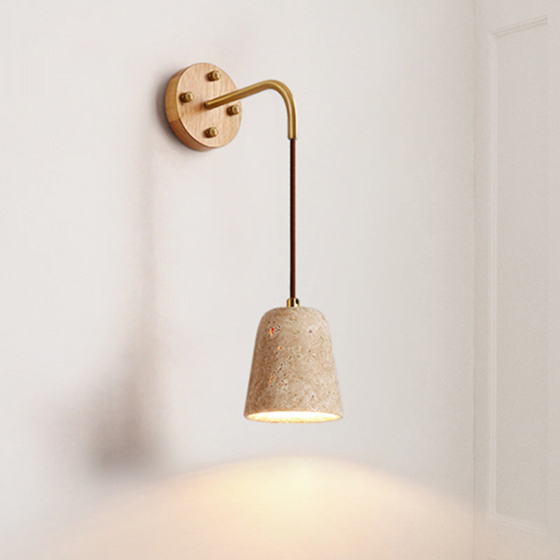 Traditionelle japanische Travertin Holz Zylinder konische Schale Zugschalter 1-Licht Wand Sconce Lampe für Nachttisch