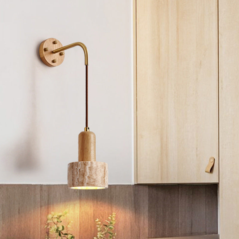 Traditionelle japanische Travertin Holz Zylinder konische Schale Zugschalter 1-Licht Wand Sconce Lampe für Nachttisch