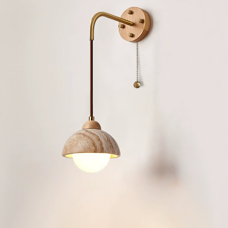 Traditionelle japanische Travertin Holz Zylinder konische Schale Zugschalter 1-Licht Wand Sconce Lampe für Nachttisch