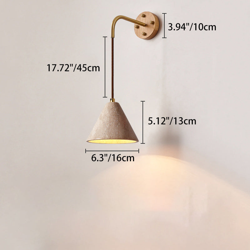 Traditionelle japanische Travertin Holz Zylinder konische Schale Zugschalter 1-Licht Wand Sconce Lampe für Nachttisch