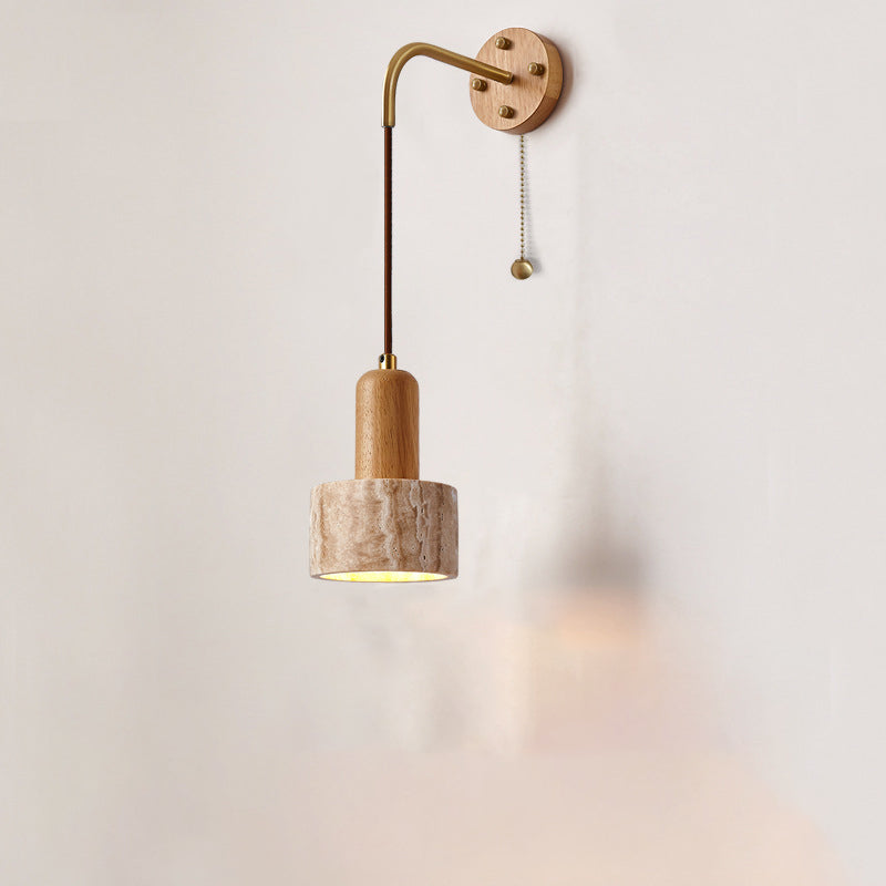 Traditionelle japanische Travertin Holz Zylinder konische Schale Zugschalter 1-Licht Wand Sconce Lampe für Nachttisch