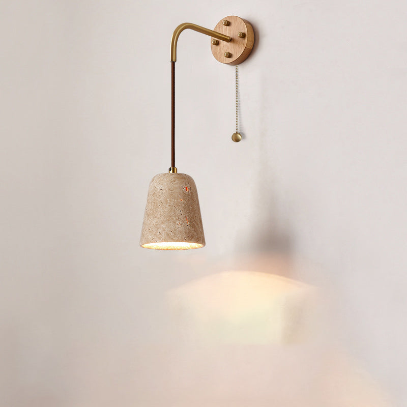 Traditionelle japanische Travertin Holz Zylinder konische Schale Zugschalter 1-Licht Wand Sconce Lampe für Nachttisch