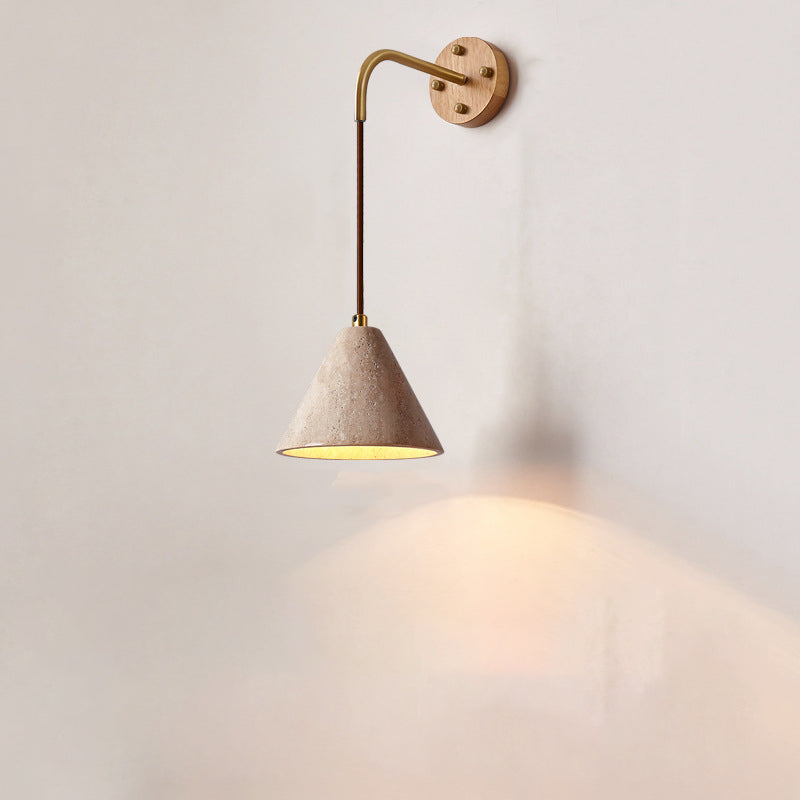 Traditionelle japanische Travertin Holz Zylinder konische Schale Zugschalter 1-Licht Wand Sconce Lampe für Nachttisch