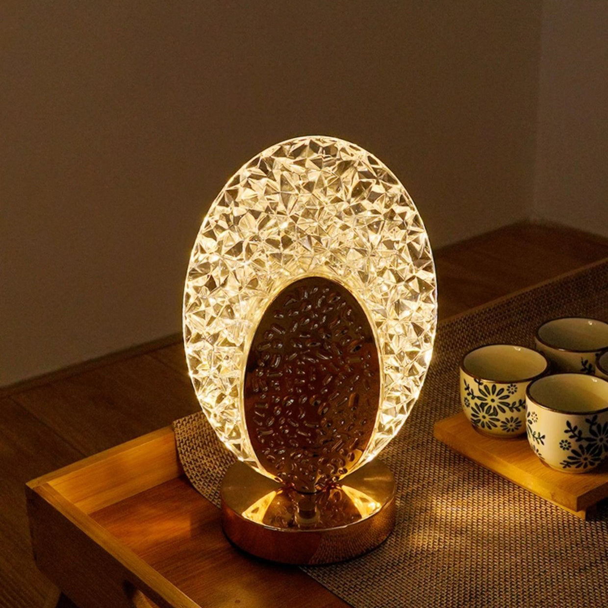 Moderne Luxus Wiederaufladbare Acryl Metall Schale Crackle Elliptische LED Tischlampe Nachtlicht Für Nachttisch