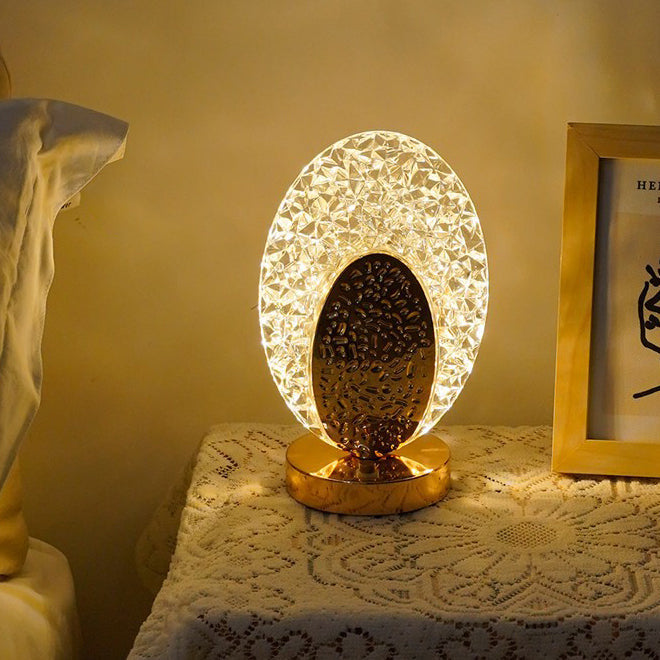 Moderne Luxus Wiederaufladbare Acryl Metall Schale Crackle Elliptische LED Tischlampe Nachtlicht Für Nachttisch