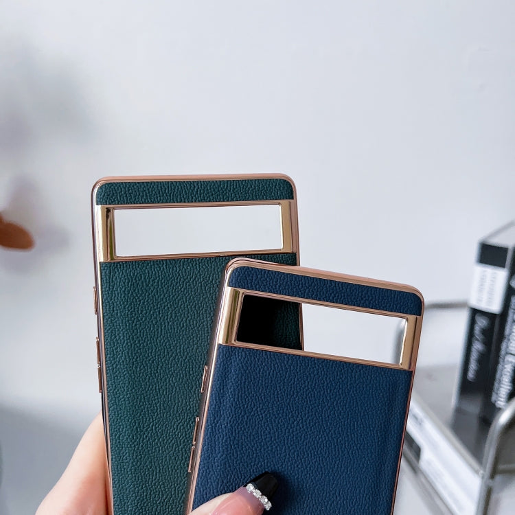 Für Google Pixel 7 Echtes Leder Luolai Serie Nano Elektroplattierung Handyhülle (Dunkelgrün)
