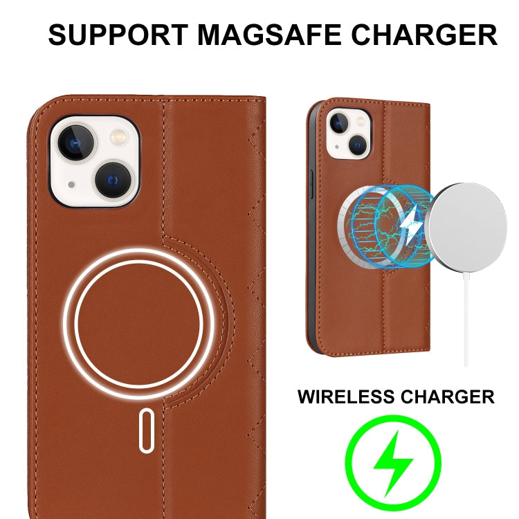 Für iPhone 14 Rhombic MagSafe RFID Diebstahlschutz Geldbörse Leder Handyhülle (Braun)