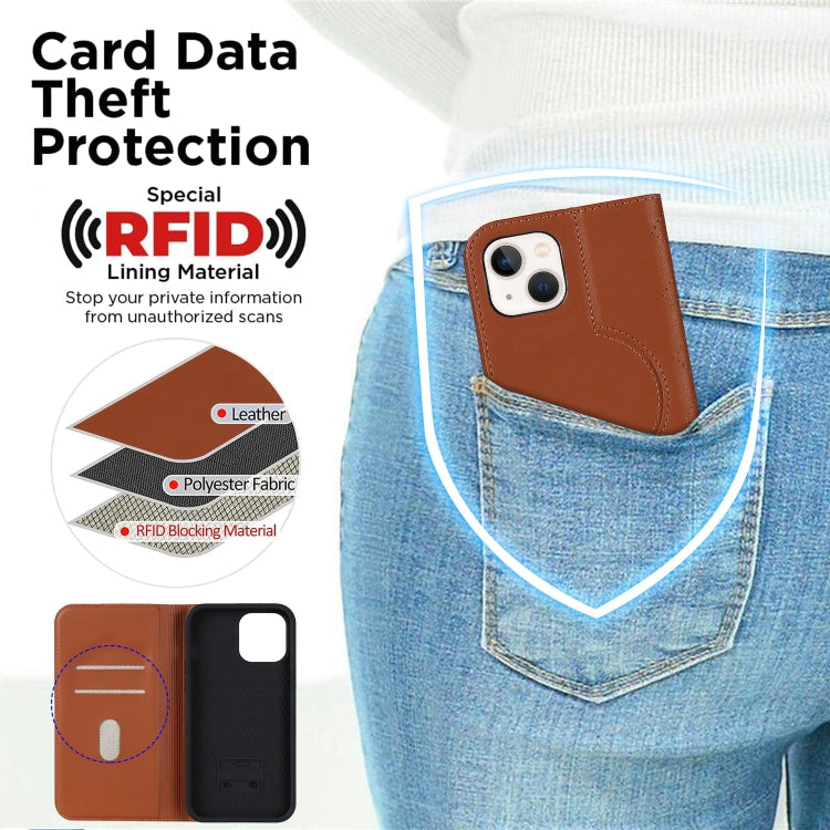 Für iPhone 14 Rhombic MagSafe RFID Diebstahlschutz Geldbörse Leder Handyhülle (Braun)