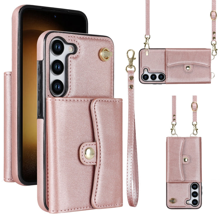 Sandsberg | Für Samsung Galaxy S23 5G RFID Kartenschlitz Leder Handyhülle mit langem Halsband (Roségold)