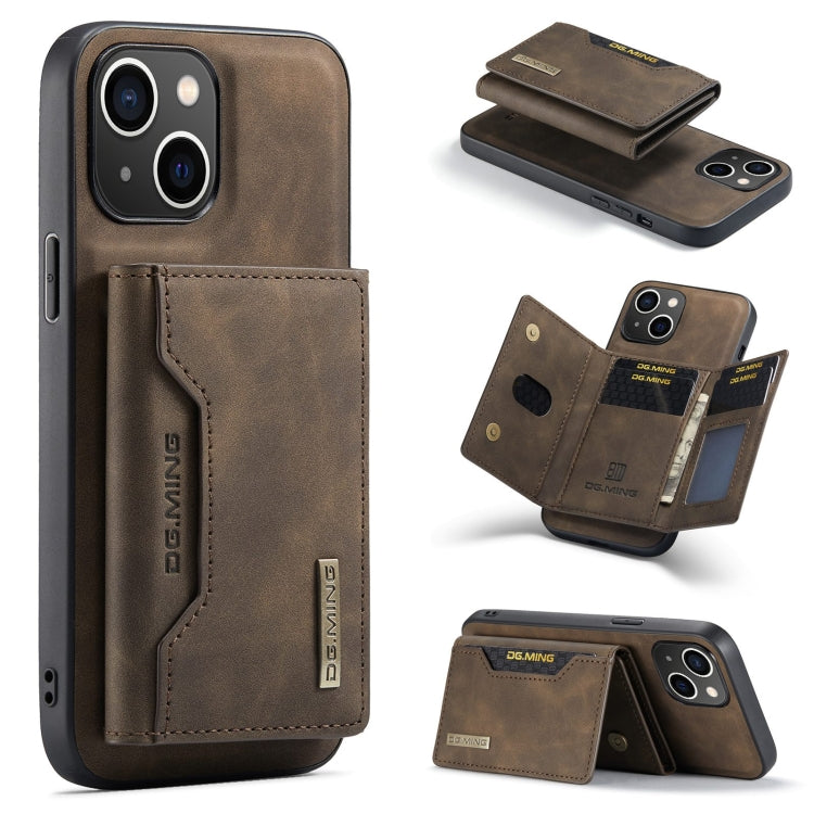 Für iPhone 15 DG.MING M2 Serie 3-Falt-Kartenbeutel Geldbörse Leder Handyhülle (Kaffee)