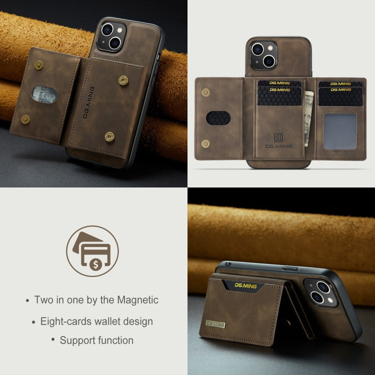 Für iPhone 15 DG.MING M2 Serie 3-Falt-Kartenbeutel Geldbörse Leder Handyhülle (Kaffee)