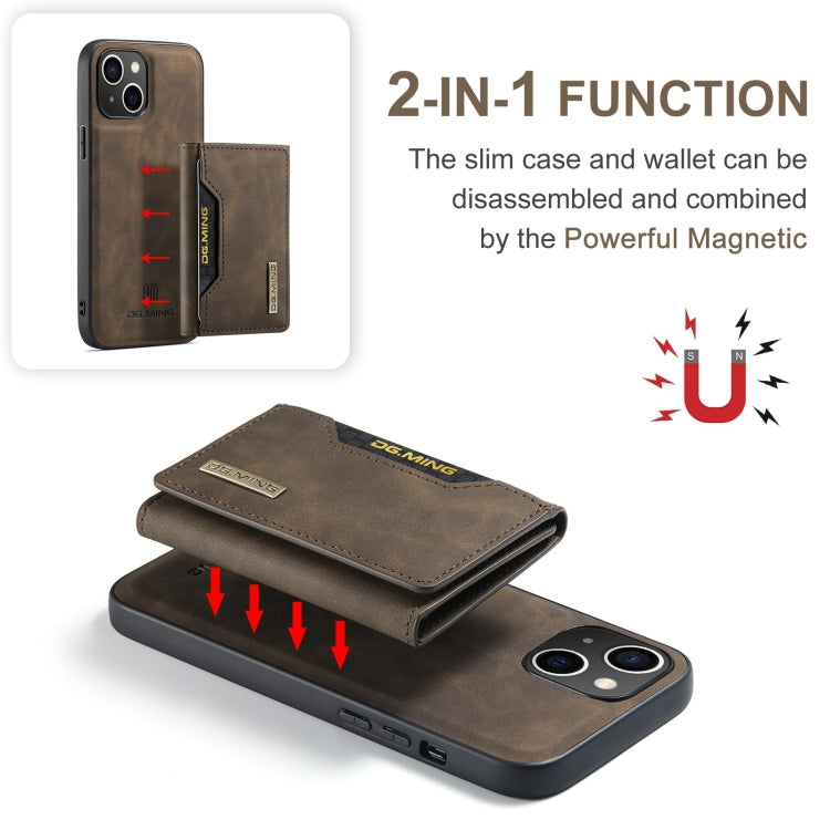 Für iPhone 15 DG.MING M2 Serie 3-Falt-Kartenbeutel Geldbörse Leder Handyhülle (Kaffee)