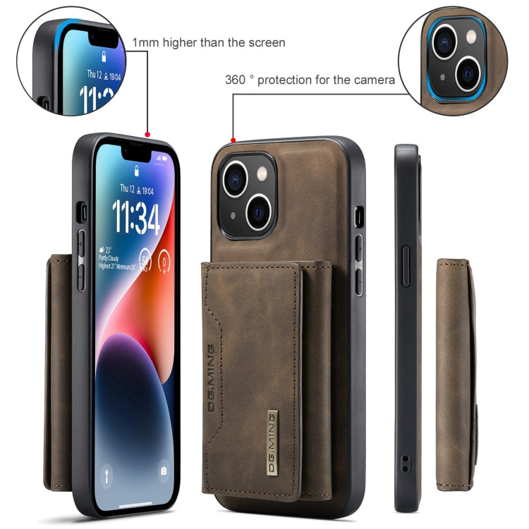 Für iPhone 15 DG.MING M2 Serie 3-Falt-Kartenbeutel Geldbörse Leder Handyhülle (Kaffee)