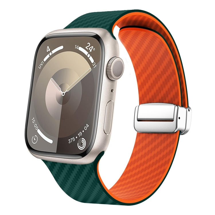 Sandsberg | Für Apple Watch Series 9 41mm Kohlefaser Magnetisch Silber Schnalle Uhrband (Dunkelgrün Orange)