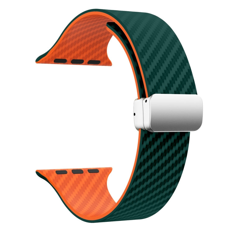Sandsberg | Für Apple Watch Series 9 41mm Kohlefaser Magnetisch Silber Schnalle Uhrband (Dunkelgrün Orange)
