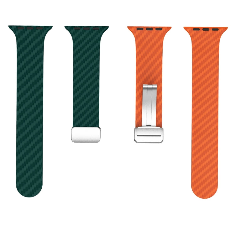 Sandsberg | Für Apple Watch Series 9 41mm Kohlefaser Magnetisch Silber Schnalle Uhrband (Dunkelgrün Orange)