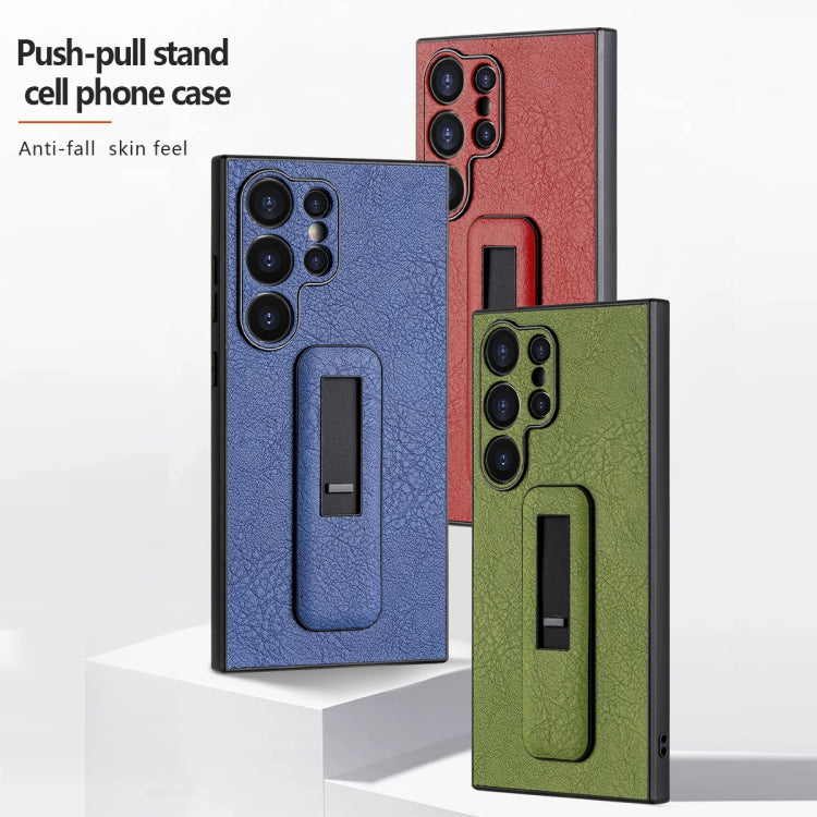 Für Samsung Galaxy S24 5G PU-Leder Push-Pull Halter Stoßfeste Telefonhülle (Blau)