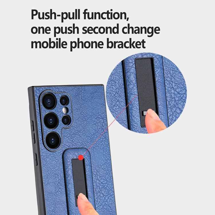 Für Samsung Galaxy S24 5G PU-Leder Push-Pull Halter Stoßfeste Telefonhülle (Blau)
