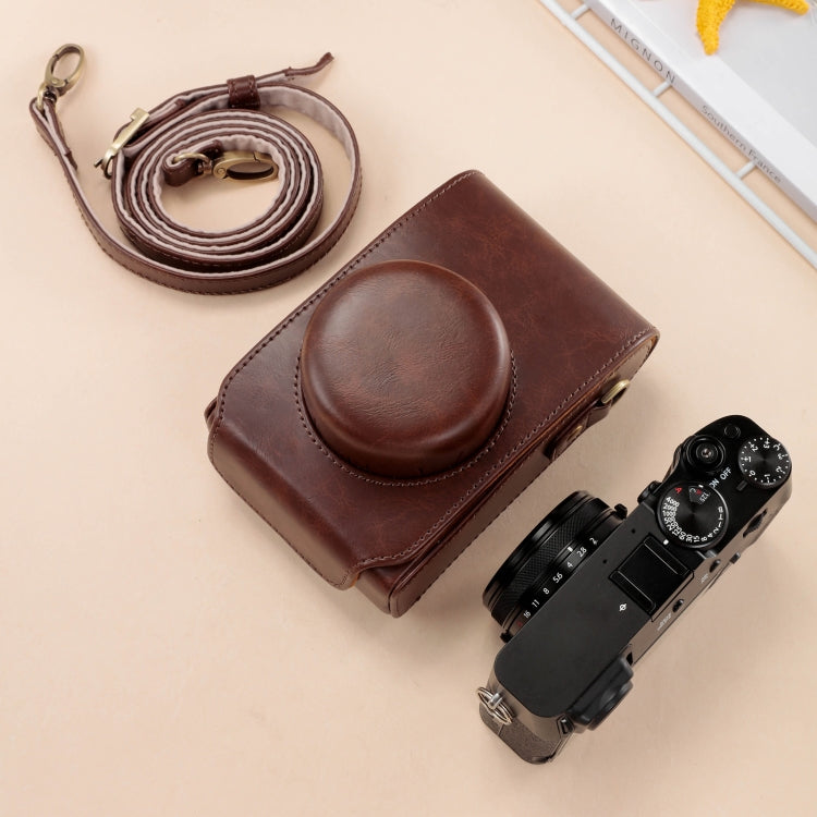 For FUJIFILM X100VI Full Body Leather Camera Case Bag with Strap(Coffee)