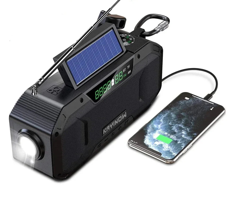 Radiopro | Tragbarer Notradio mit AM/FM, Solar- und Handkurbel, USB-aufladbar, Wiederaufladbare AA-Batterien