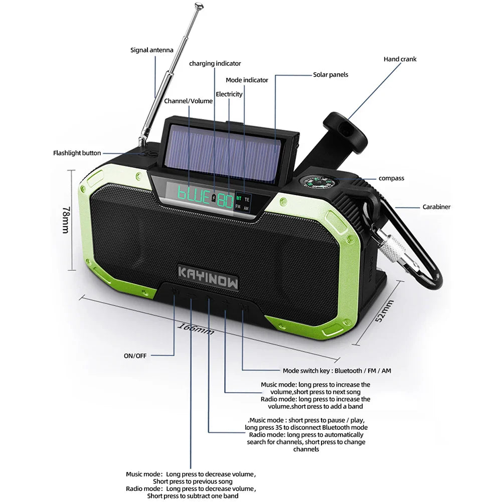 Radiopro | Tragbarer Notradio mit AM/FM, Solar- und Handkurbel, USB-aufladbar, Wiederaufladbare AA-Batterien