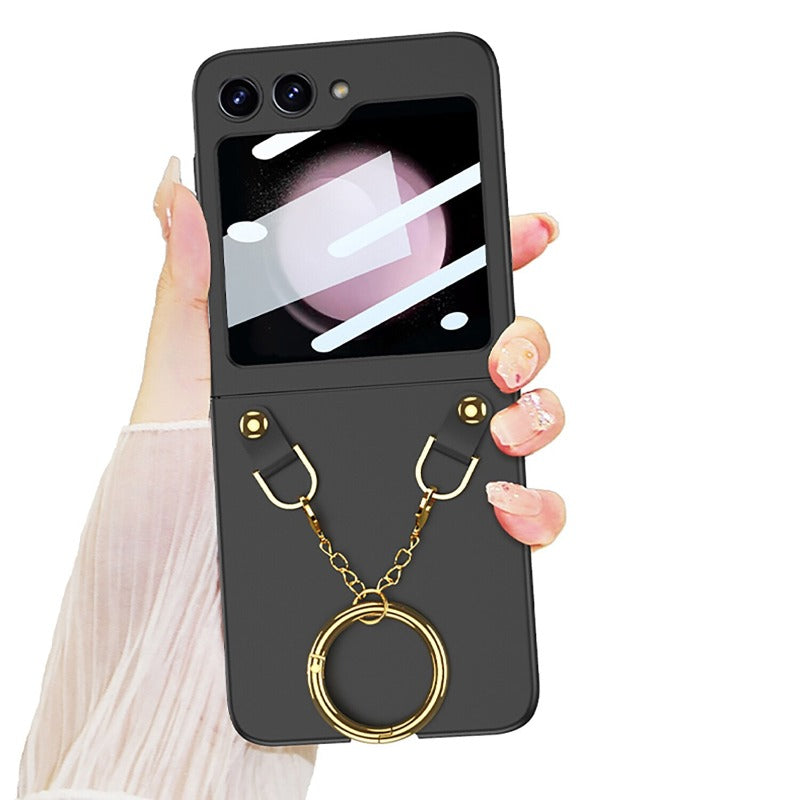 Luxuriöse Handyhülle mit Halskette und Ringhalter und Displayschutzfolie auf der Rückseite für Samsung Galaxy Z Flip 5