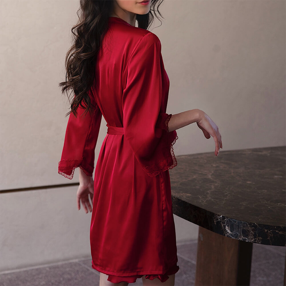 Elegante Nachtwäsche Spitzen-Satin-Cami-Nachtkleid Morgenmantel Damen Pyjama-Set